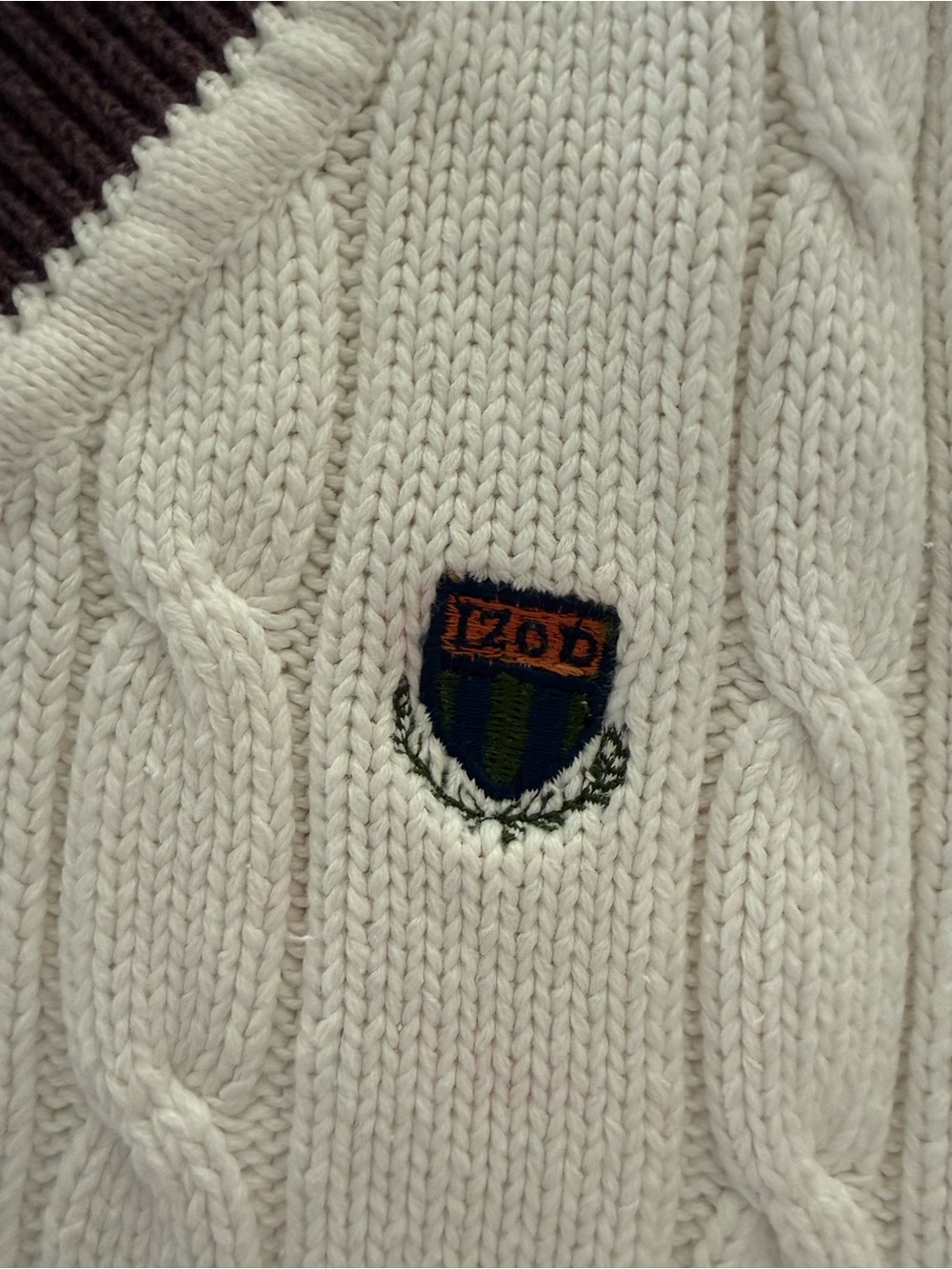 Izod Cream Cable-Knit V-Neck Sweater Vest with Brown & Teal Trim - Picture 2 of 3